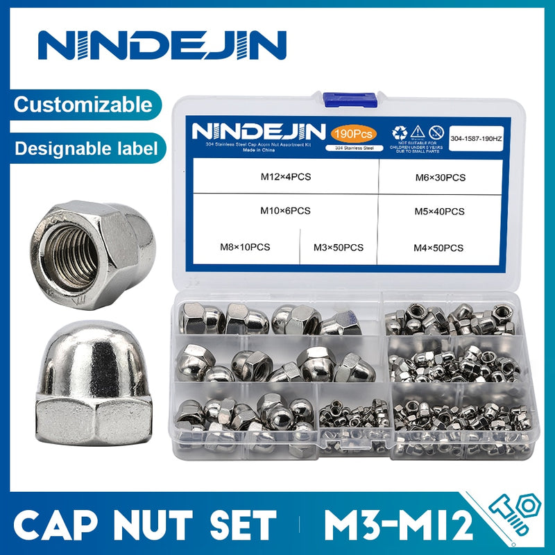 NINDEJIN 190pcs Acorn Nut Hexagon Dome Cap Blind Nut Assortment Kit - KiwisLove