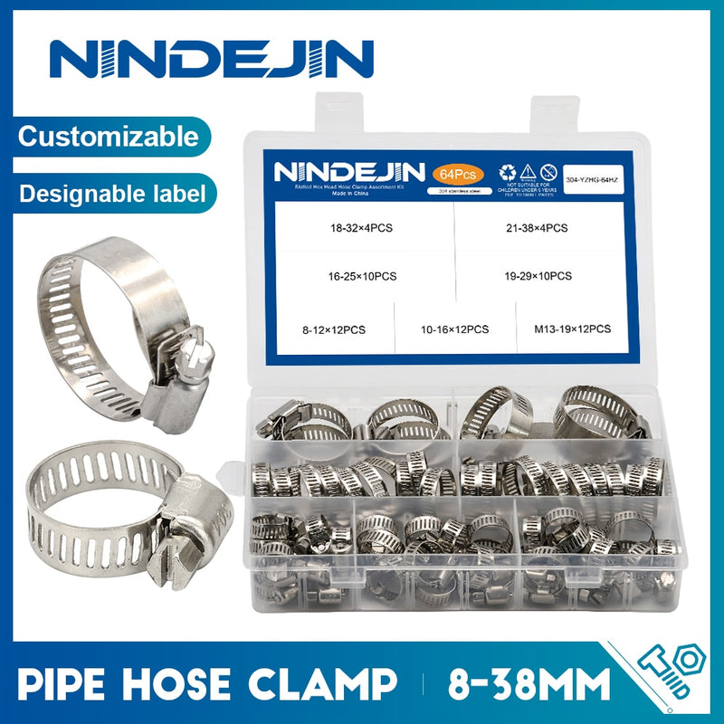 NINDEJIN 64 pcs hose clamp 8-38mm worm gear hose clip set - KiwisLove