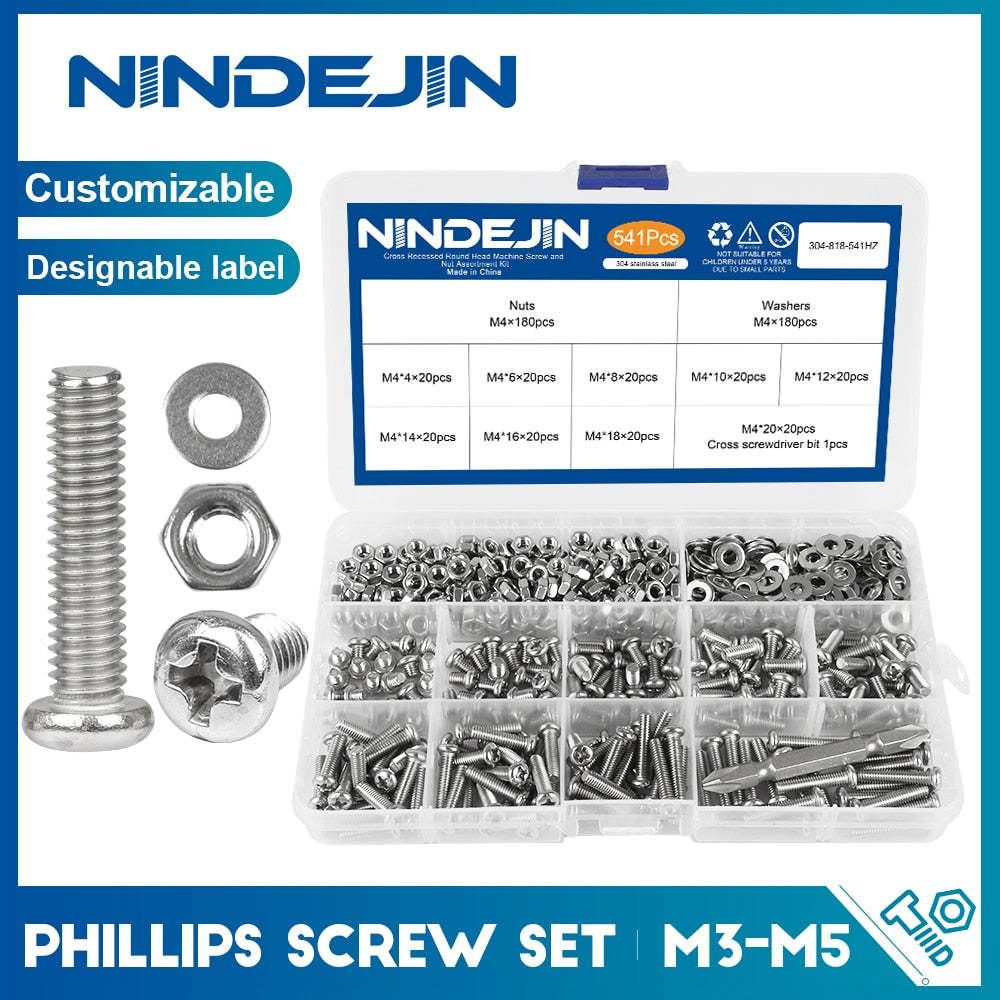 NINDEJIN Cross Recessed Round Head Screw Nut Washer Stainless Steel - KiwisLove