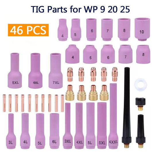 46Pcs TIG Welding Torch Stubby Gas Lens TIG Back Cap Collet Bodies Spares Kit - KiwisLove