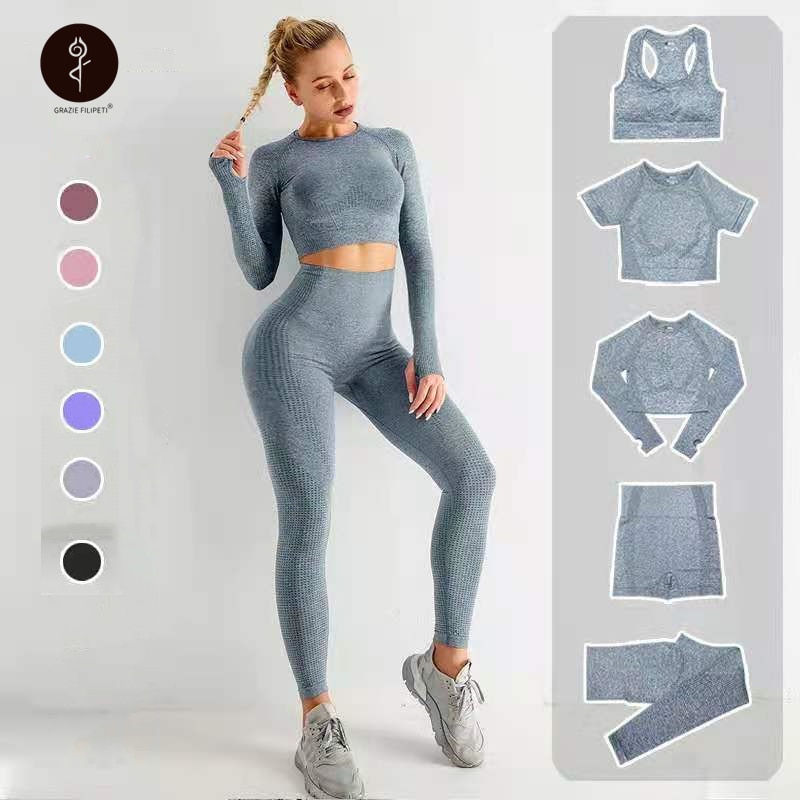 Sise L Seamless Yoga Set Workout Gym Fitness Long Sleeve Crop Top High Waist Leggings - KiwisLove