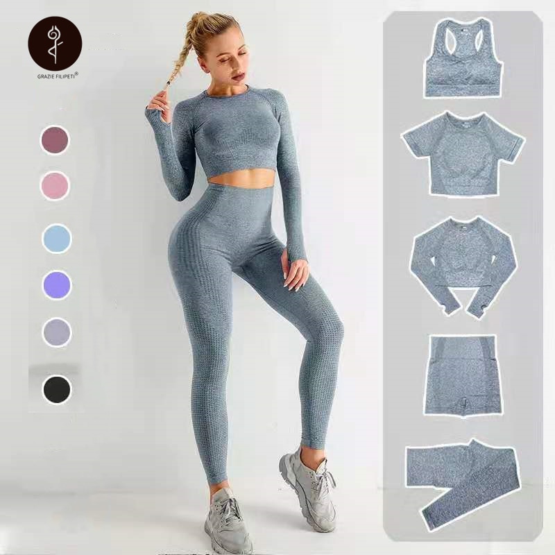 Sise S Seamless Yoga Set Workout Gym Fitness Long Sleeve Crop Top High Waist Leggings - KiwisLove