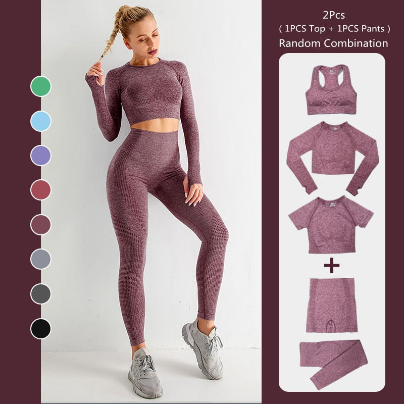 Sise L Seamless Yoga Set Workout Gym Fitness Long Sleeve Crop Top High Waist Leggings - KiwisLove