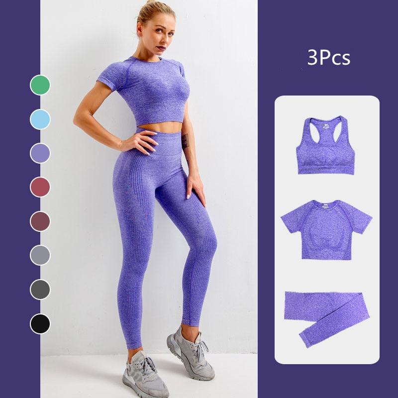 Sise L Seamless Yoga Set Workout Gym Fitness Long Sleeve Crop Top High Waist Leggings - KiwisLove