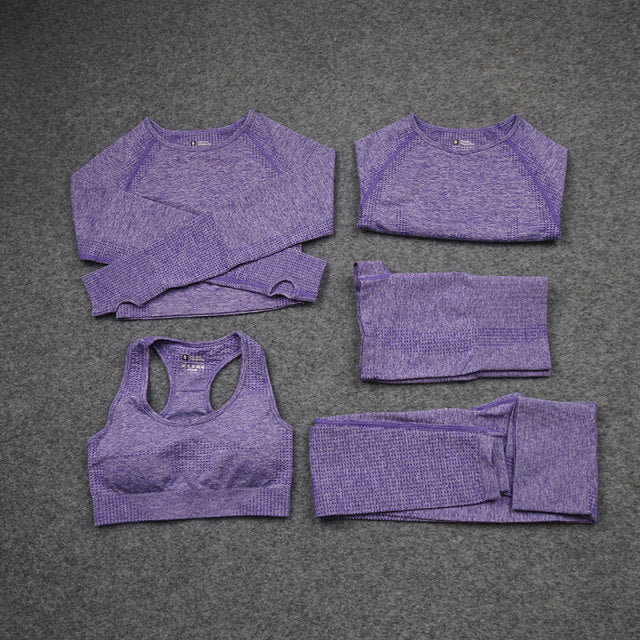 Sise S Seamless Yoga Set Workout Gym Fitness Long Sleeve Crop Top High Waist Leggings - KiwisLove