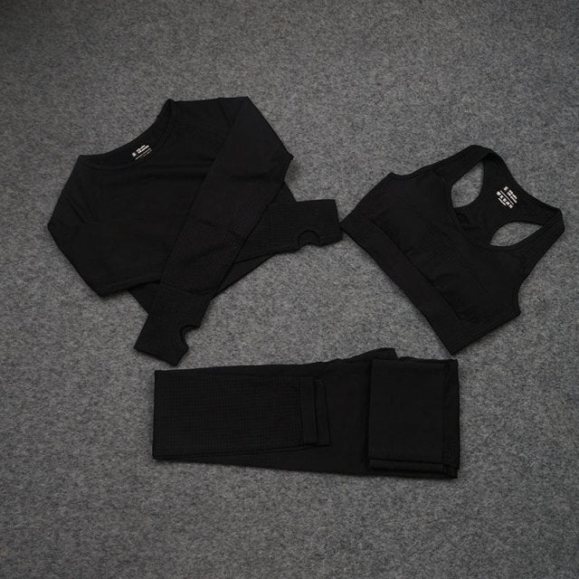 Sise S Seamless Yoga Set Workout Gym Fitness Long Sleeve Crop Top High Waist Leggings - KiwisLove
