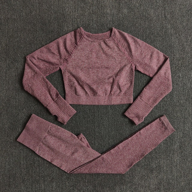 Sise S Seamless Yoga Set Workout Gym Fitness Long Sleeve Crop Top High Waist Leggings - KiwisLove