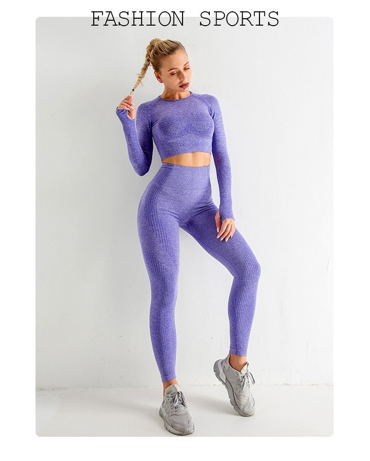 Seamless Women Yoga Set Fitness Gym Long Sleeve Crop Top High Waist Legging - KiwisLove