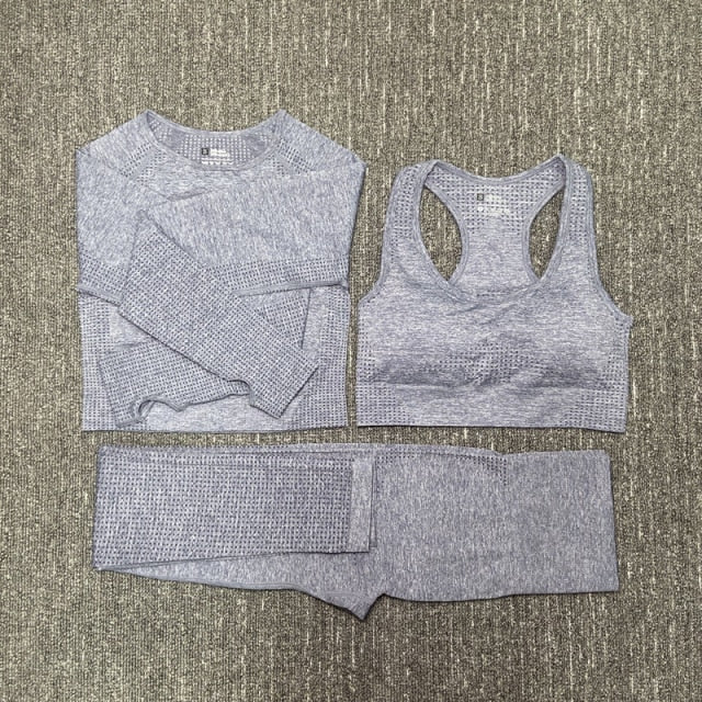 Seamless Women Yoga Set Fitness Gym Long Sleeve Crop Top High Waist Legging - KiwisLove