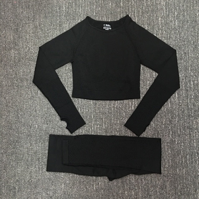 Seamless Women Yoga Set Fitness Gym Long Sleeve Crop Top High Waist Legging - KiwisLove