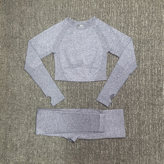 Seamless Women Yoga Set Fitness Gym Long Sleeve Crop Top High Waist Legging - KiwisLove