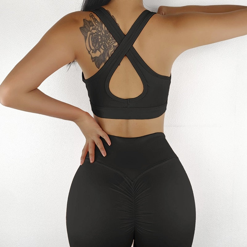 Women Yoga Set Shorts Cross Top Sports Bras High Waist Gym Running Fitness Sets Workout - KiwisLove