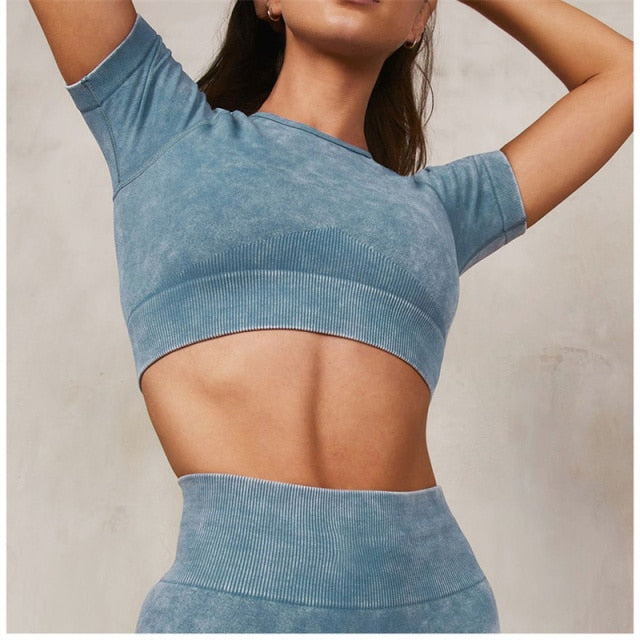 Seamless Fitness Yoga High Elastics Sand Wash Gym Running Bicycle Sportwear Workout Outfit - KiwisLove