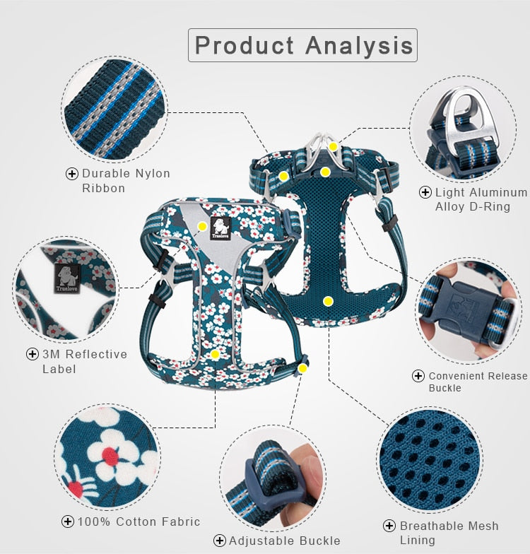 Truelove Floral Soft Padded Cotton Dog Harness Adjustable Snappy Easy Fit - KiwisLove