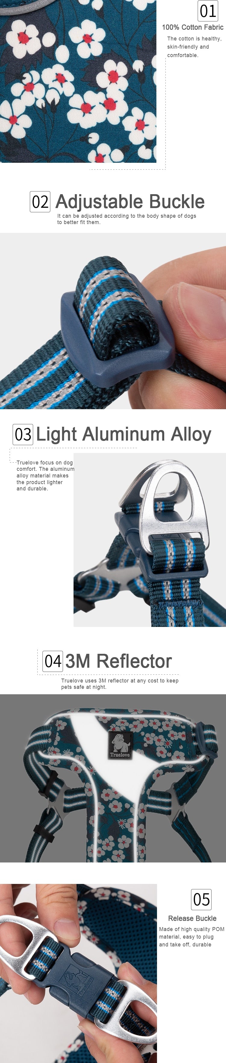 Truelove Floral Soft Padded Cotton Dog Harness Adjustable Snappy Easy Fit - KiwisLove