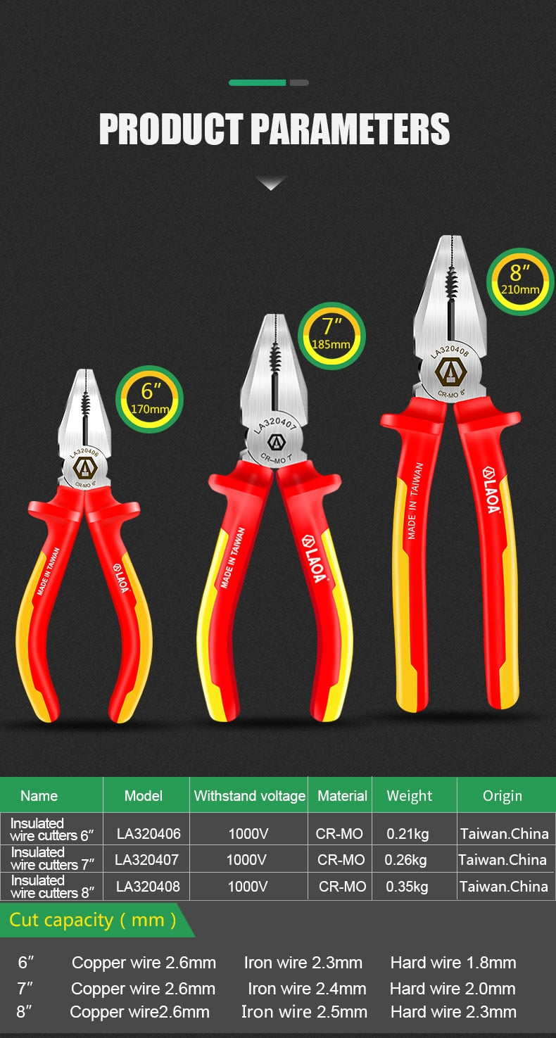 LAOA 1000V Insulating Pliers VDE Diagonal Cr-Mo Steel Wire Cutters - KiwisLove