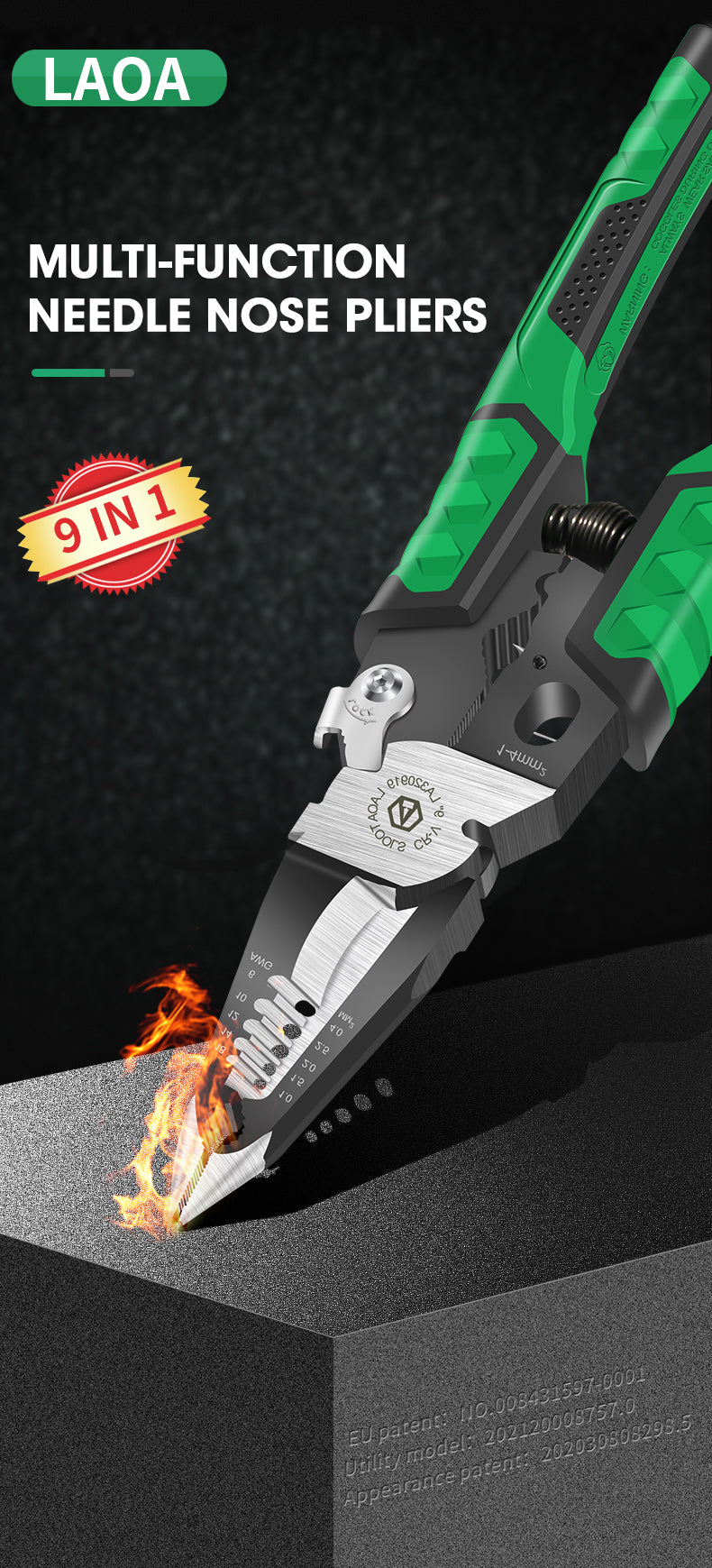 LAOA 9Inch Electrician Pliers Large Needle Nose Pliers for Wire Stripping 9in1 - KiwisLove