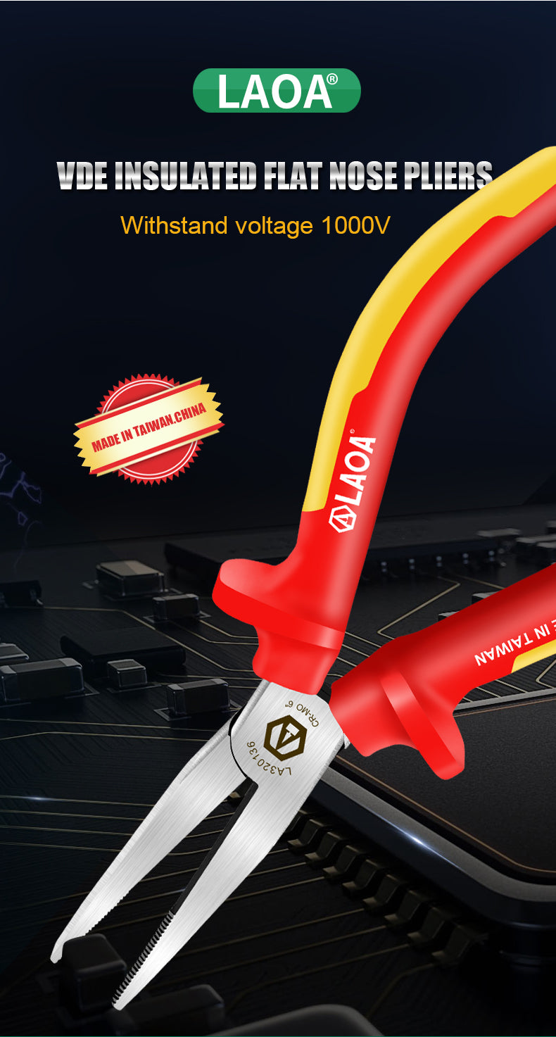 LAOA 6inch VDE Insulated Flat Nose Pliers with Teeth Withstand 1000VHigh Voltage - KiwisLove