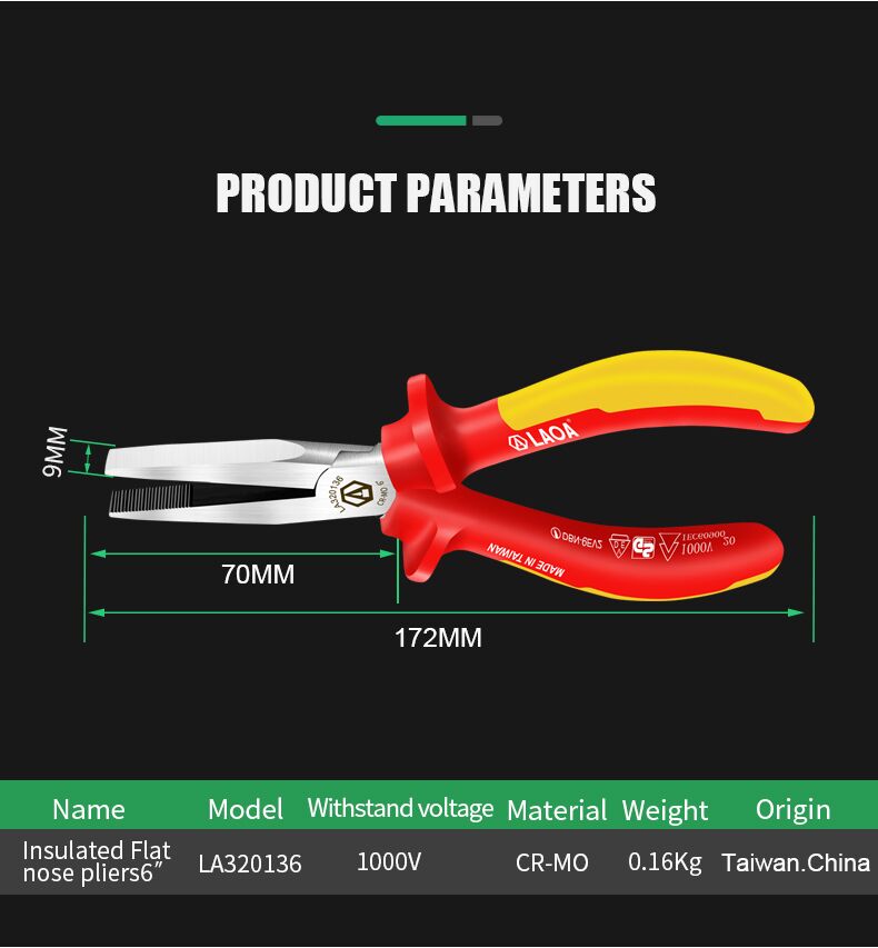 LAOA 6inch VDE Insulated Flat Nose Pliers with Teeth Withstand 1000VHigh Voltage - KiwisLove