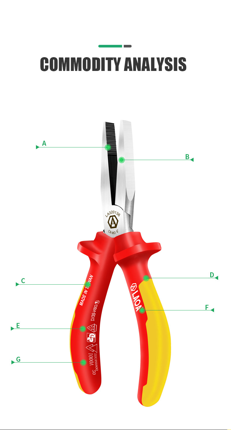 LAOA 6inch VDE Insulated Flat Nose Pliers with Teeth Withstand 1000VHigh Voltage - KiwisLove