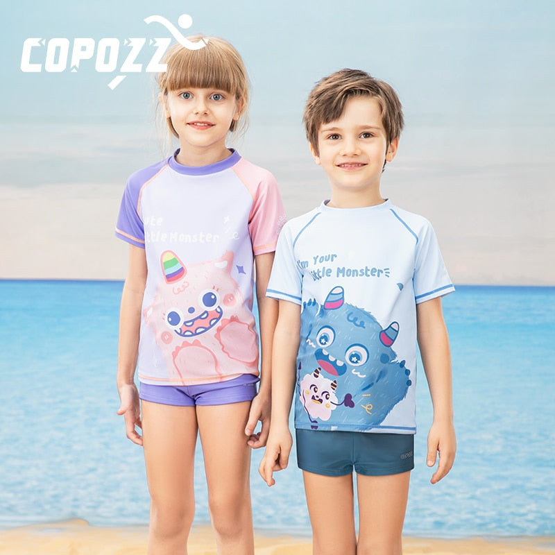 COPOZZ Short Sleeve Swimsuit Boys Girls Swimwear UV 50+ Two-Piece Set - KiwisLove