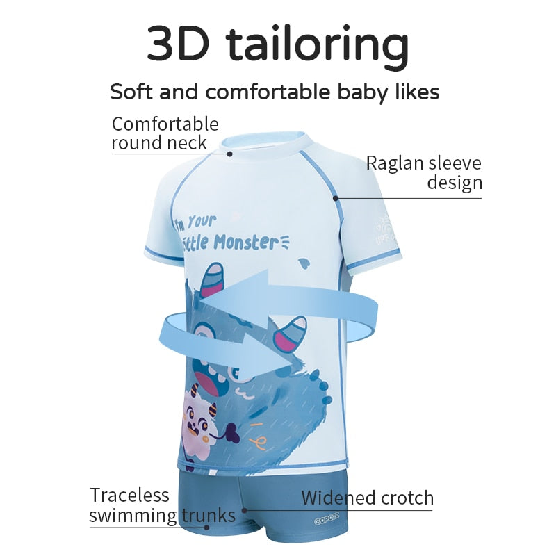 COPOZZ Short Sleeve Swimsuit Boys Girls Swimwear UV 50+ Two-Piece Set - KiwisLove