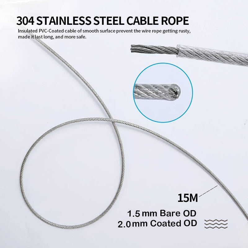 56PCS/Set 30m Transparent Stainless Steel  PVC Coated Wire Rope Cable - KiwisLove