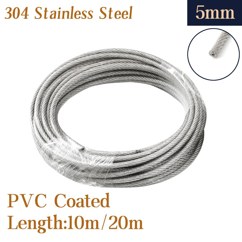 304 Stainless Steel PVC Coated  Wire Rope soft Cable Transparent 5mm - KiwisLove