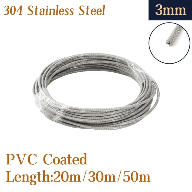 wire Rope 1/8‘’ PVC Transparent Coated Cable 304Stainless Steel rope Clothesline Diameter 3mm length-100m - KiwisLove