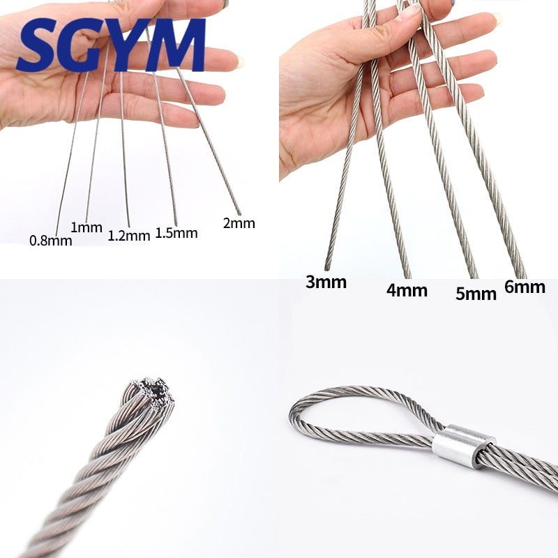 5/10m 304 Stainless Steel Wire Rope Soft Fishing Lifting Cable 7×7/7*19 Clothesline 0.8mm 1mm 1.5mm 2mm 3mm 4mm Aluminum sleeve - KiwisLove