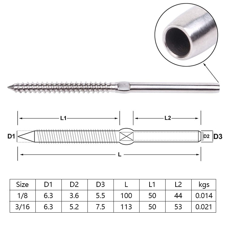 30pcs Lag Screw Stud Thread Fitting Terminal for 1/8" Cable Marine Grade - KiwisLove