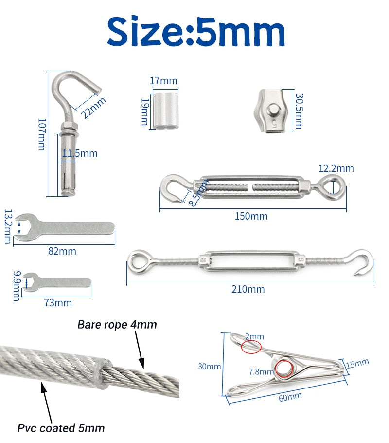 PVC Coated Wire Rope Soft Cable 304 Stainless Steel Kit  Windproof clip - KiwisLove
