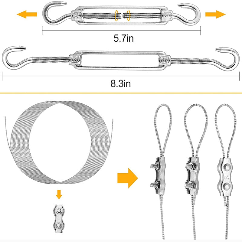 6mm Shade Sail Kit Flexible Stainless Steel Wire Rope Turnbuckle Snap Hook - KiwisLove