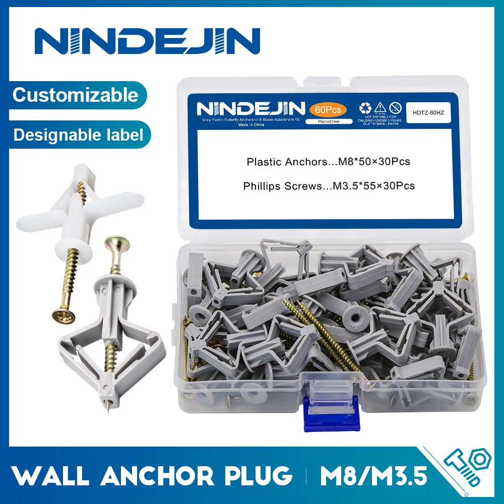 NINDEJIN 60pcs/set plastic drywall anchor wall anchor plug with self tapping - KiwisLove