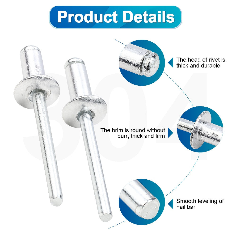 NINDEJIN Pop Rivets Aluminium Dome Head Blind Rivet Steel Shank Mandrel - KiwisLove