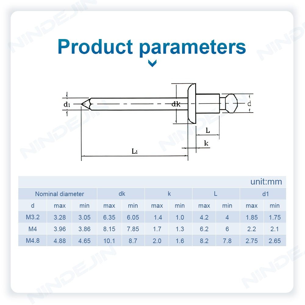NINDEJIN Pop Rivets Aluminium Dome Head Blind Rivet Steel Shank Mandrel - KiwisLove