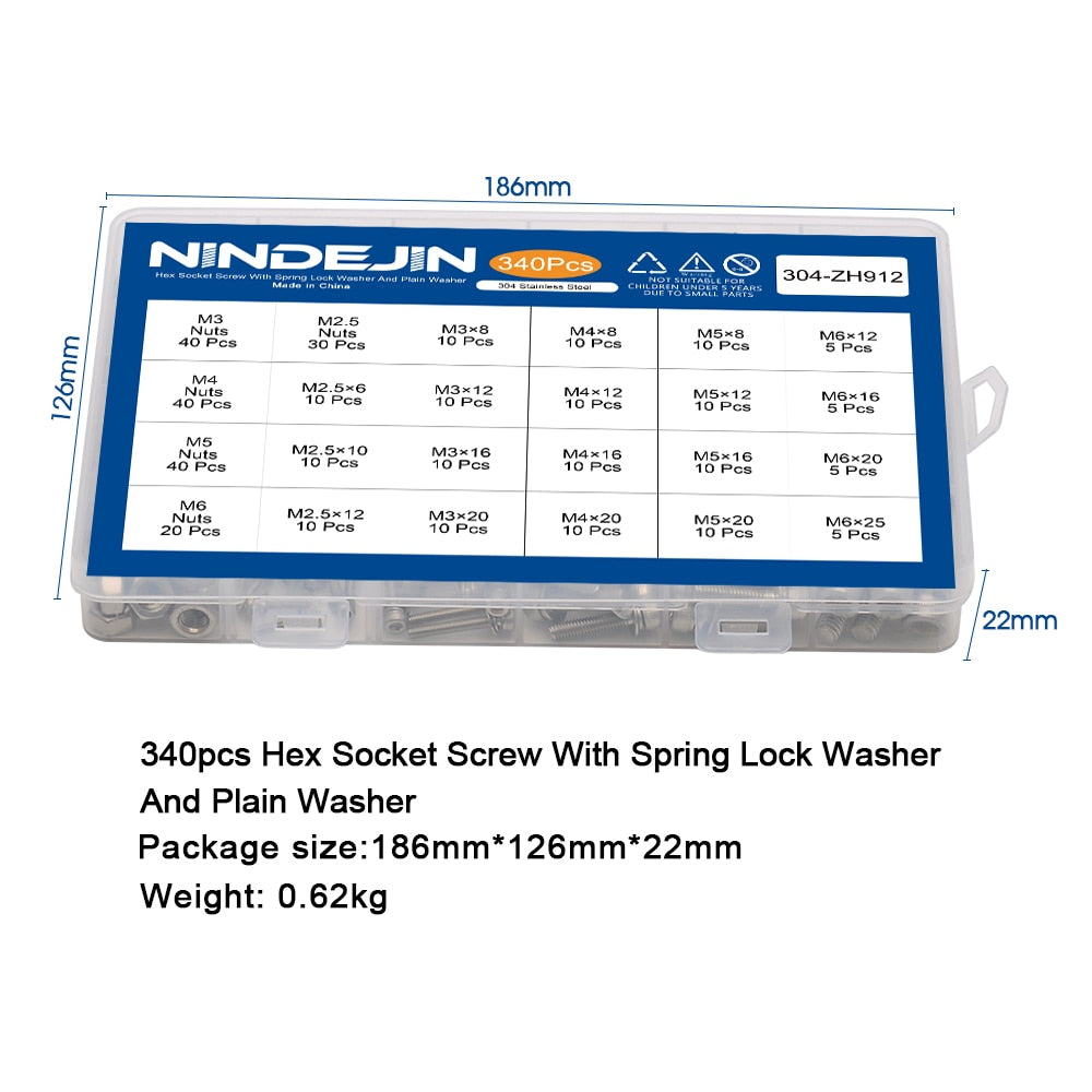 340pcs Hex Socket Head Cap Screw with Washer and Nut Three Sem - KiwisLove