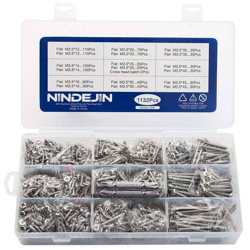 1132Pcs/set 304 Stainless Steel Screw Set M3.5 Flat Pan Head Self-tapping - KiwisLove