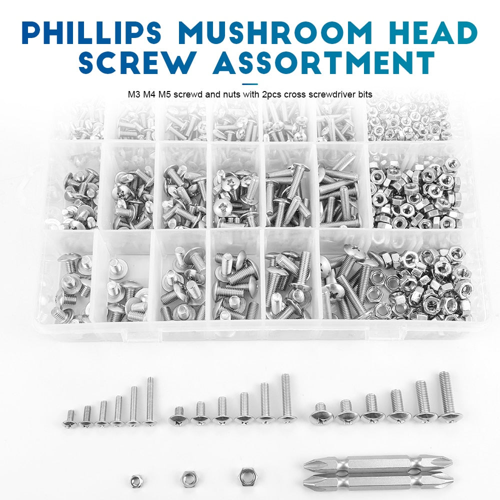 722pcs Truss Round Head  Set Machine Screw and Nut Flat Mushroom Head - KiwisLove