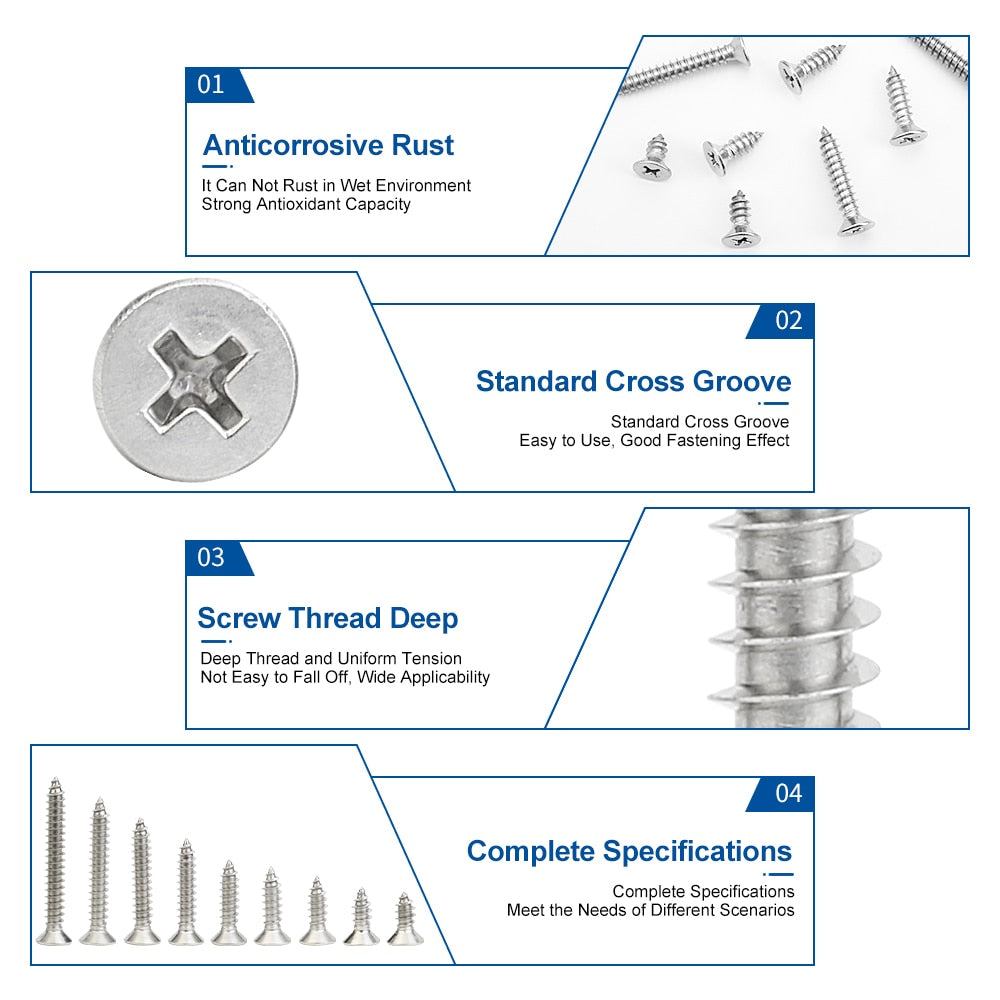 Self-Tapping Cross Recessed Flat Head Screw Assortment Set Phillips Wood - KiwisLove