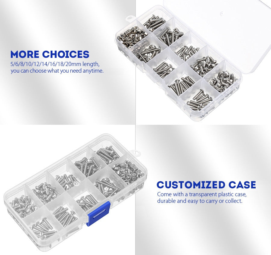 340pcs M3 Stainless Hex Socket Button Head Screws Allen bolt Nut - KiwisLove