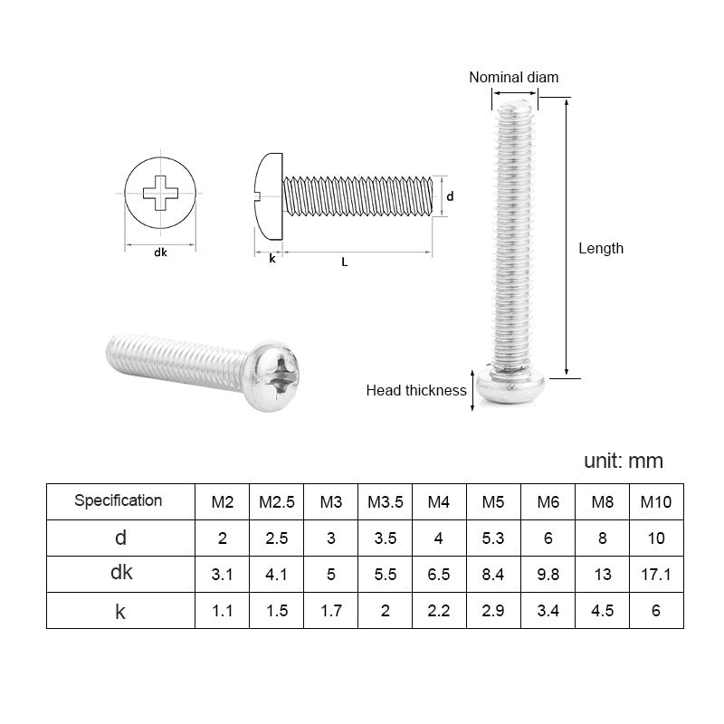 100Pcs 304 Stainless Steel Cross Recessed Pan Head Screw Phillips M1.6 - KiwisLove