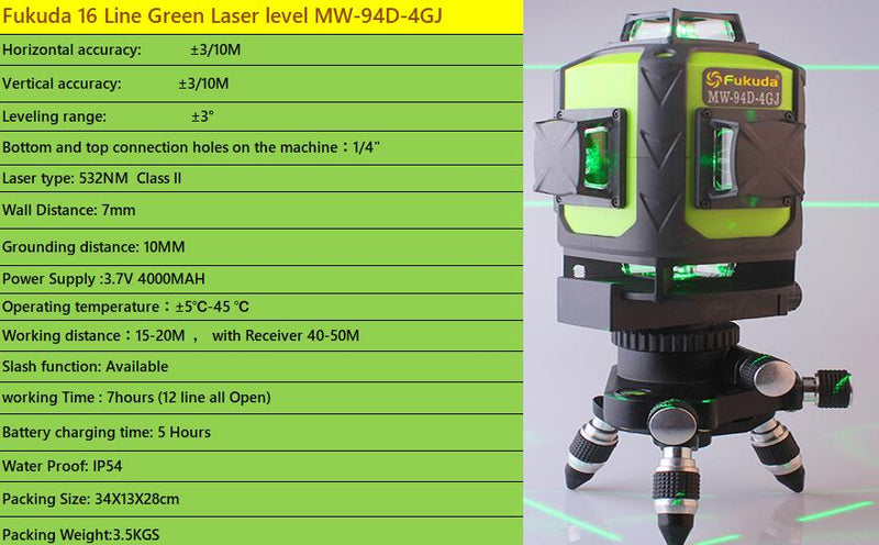 Fukuda Rotary Laser Level 360 16 Lines 4D Green Beam Cross Self-Leveling - KiwisLove