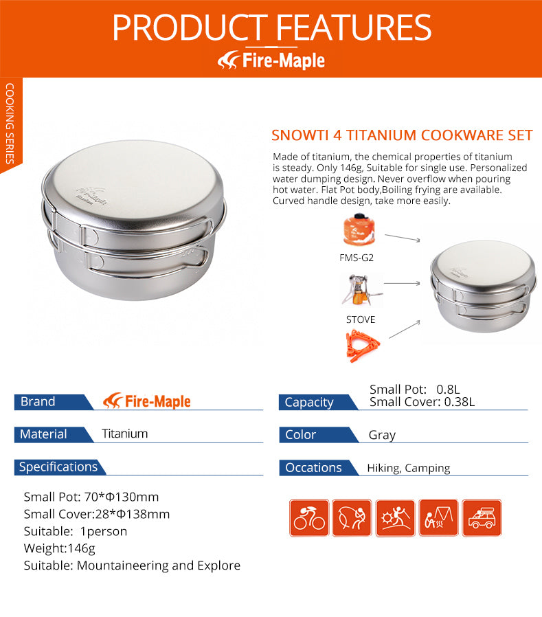 Fire Maple SnowTi 4 Foldable Titanium Pot Pan Set Ultralight Camping - KiwisLove