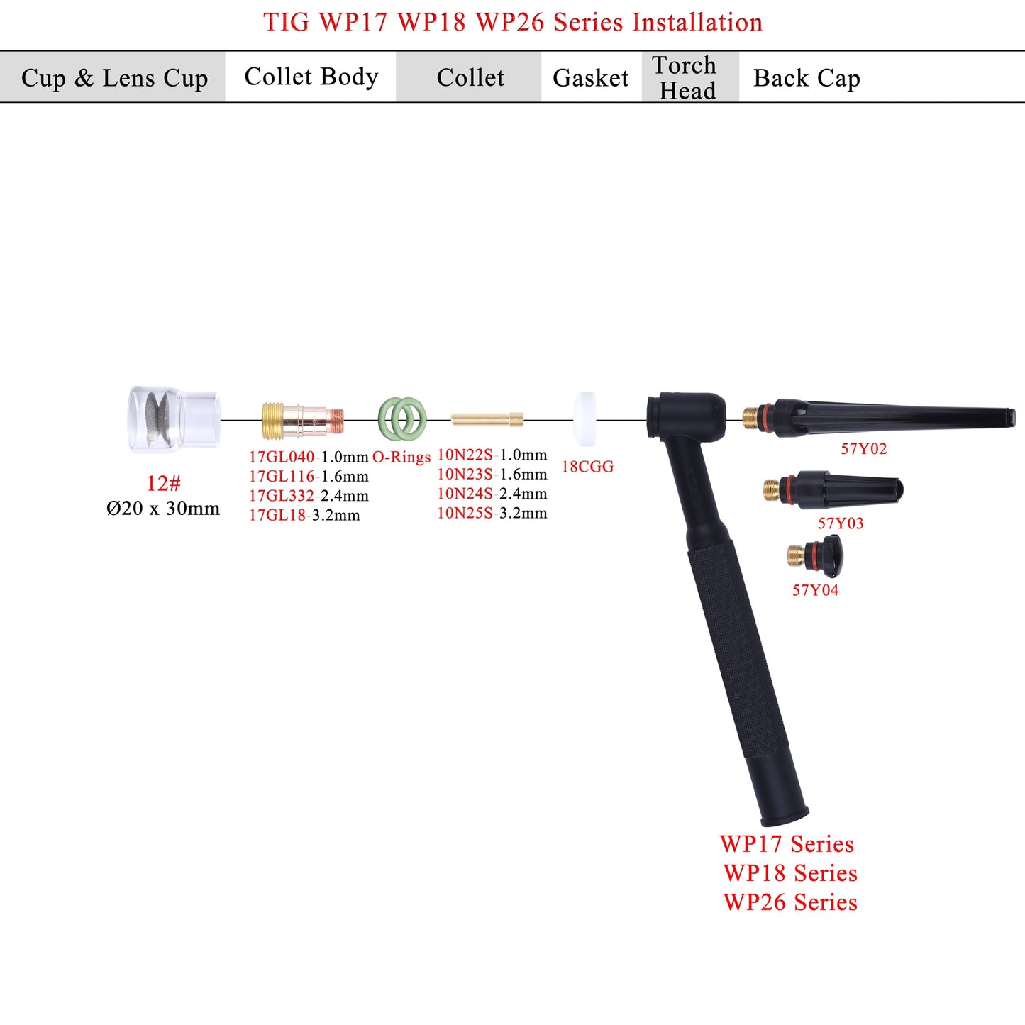 12pcs TIG Welding  #12 Pyrex Glass Cups Kit Torches WP17 18 26 Stubby - KiwisLove