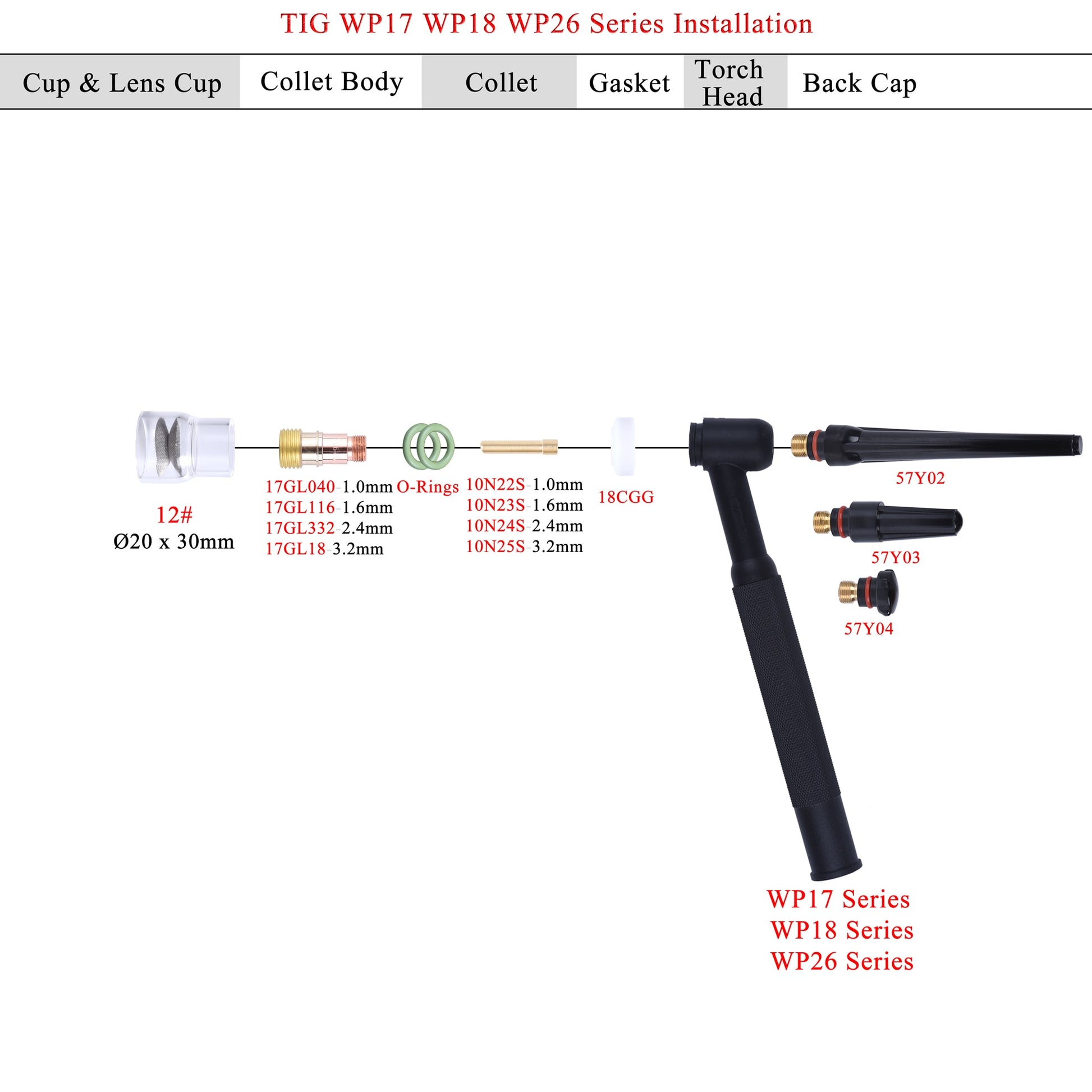 12pcs TIG Welding  #12 Pyrex Glass Cups Kit Torches WP17 18 26 Stubby - KiwisLove