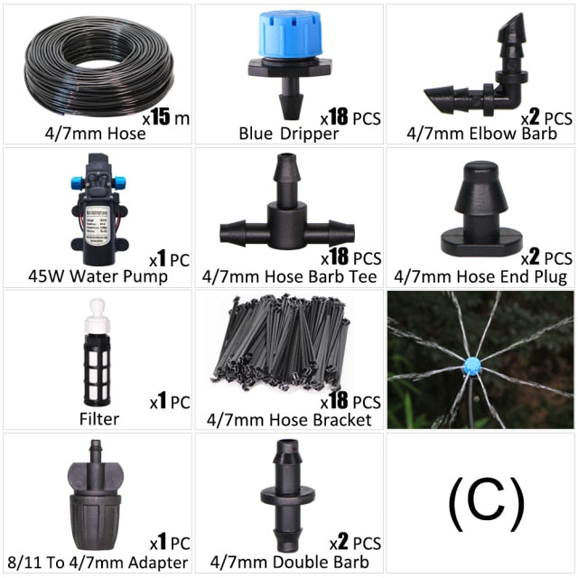 45W Water Pump Drip Irrigation Kit 1/4'' Hose Automatic Watering Device - KiwisLove