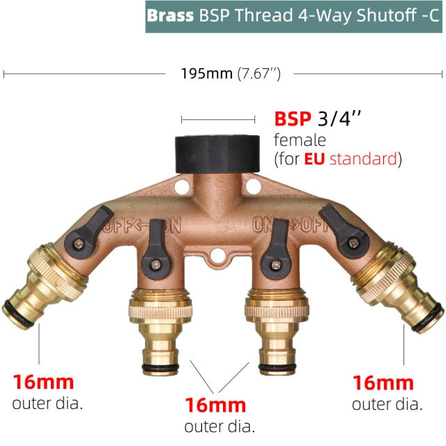 Brass 4-Ways Thread  Hose Splitter Heavy Duty Tap Tubing Adapter Switcher Connector - KiwisLove