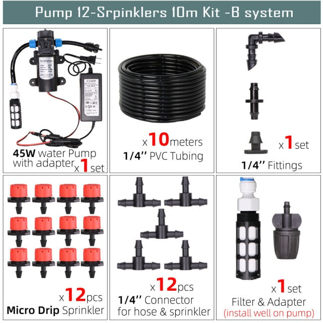 45W Pump Watering Irrigation Drip System Self-Priming Spray Dripper Kit - KiwisLove