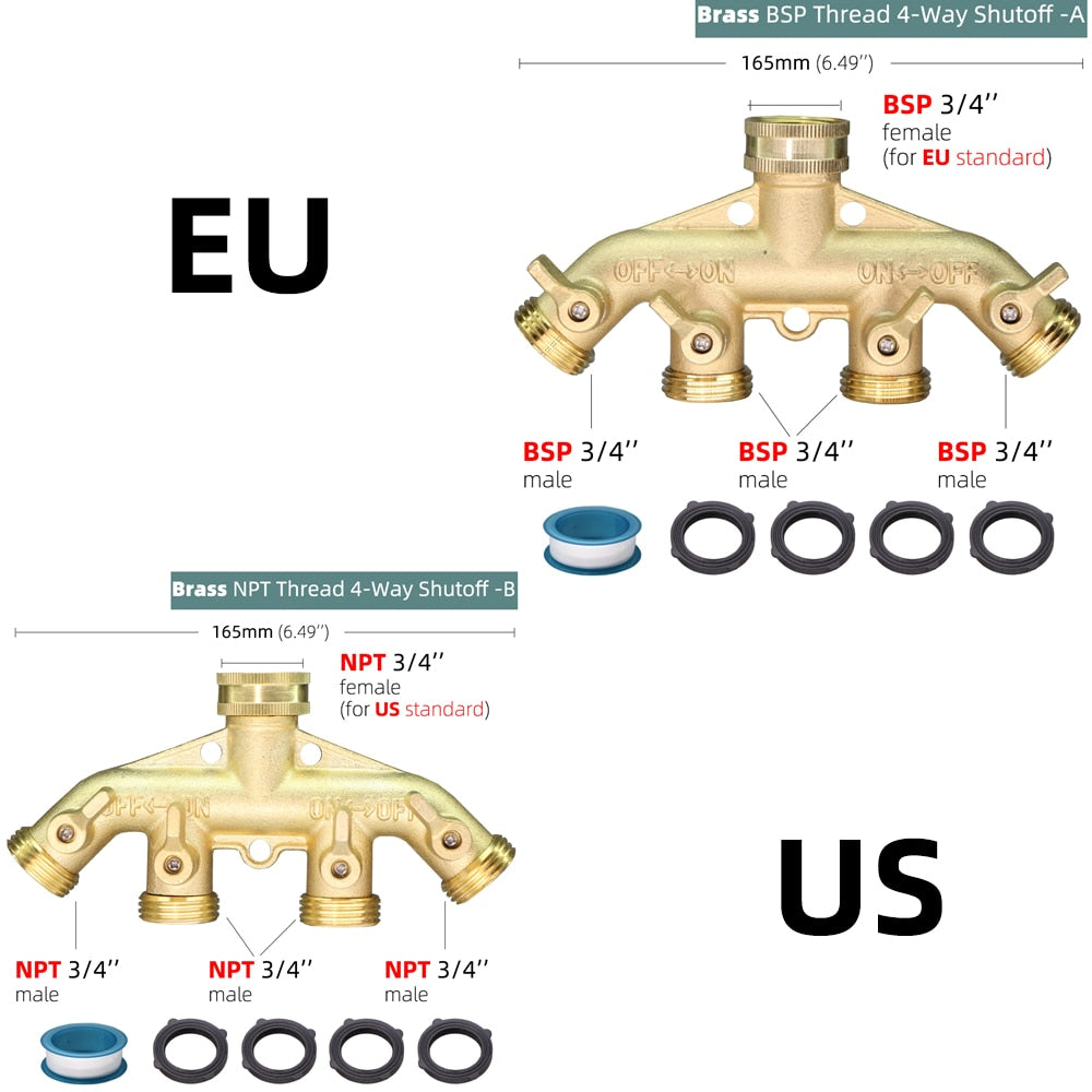 3/4 Inch Solid Brass Garden Hose Adapter 4 Way Tap Connectors Distributor Switch Valve Water Splitters For Watering Irrigation - KiwisLove